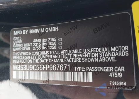 2015 BMW M4 from USA, damaged, VIN WBS3U9C56FP967671